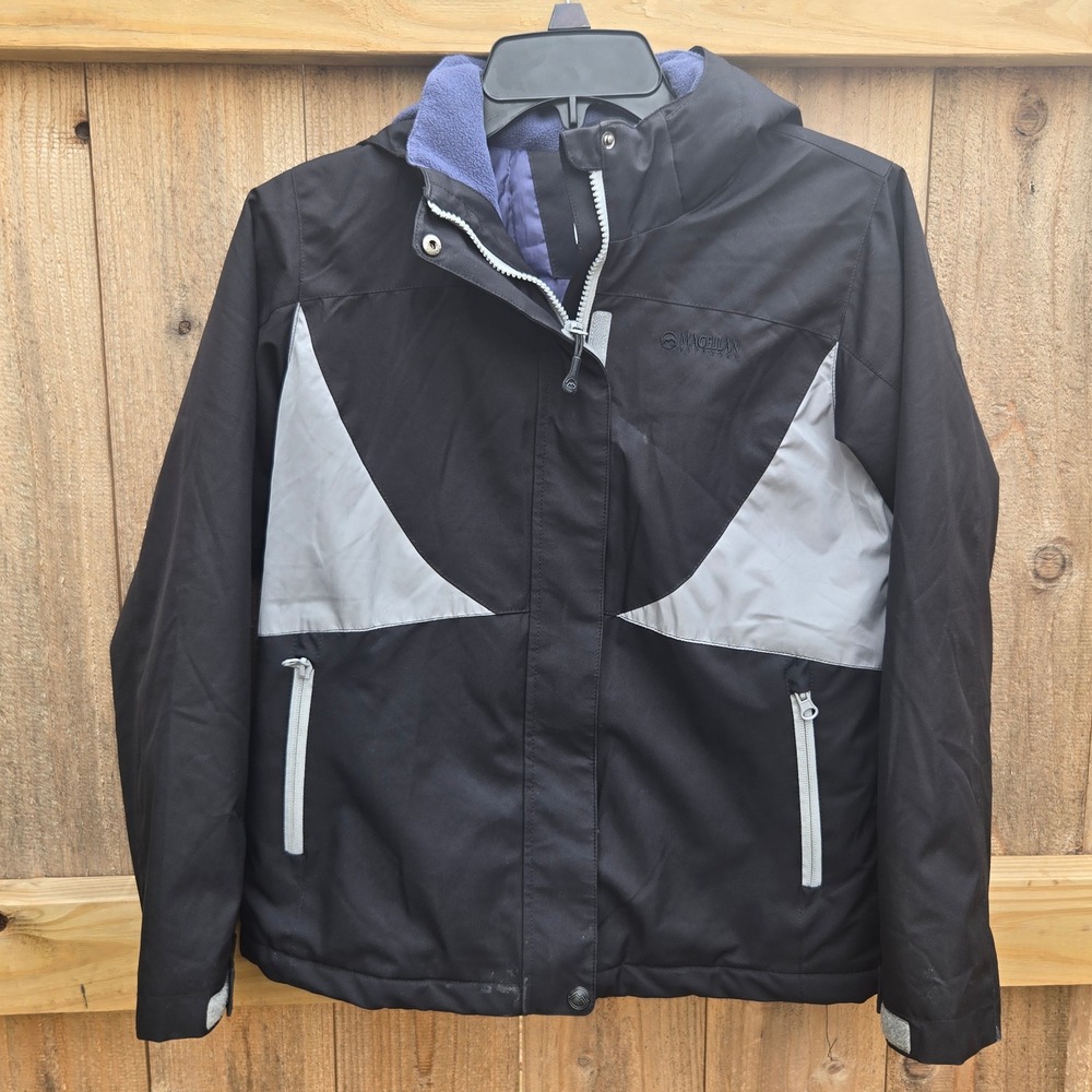 Magellan Outdoors Girls Jacket Black Grey Hooded Winter Coat Size Medium M Snow